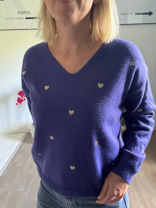 Pull Amélia - Bleu coeurs dorés